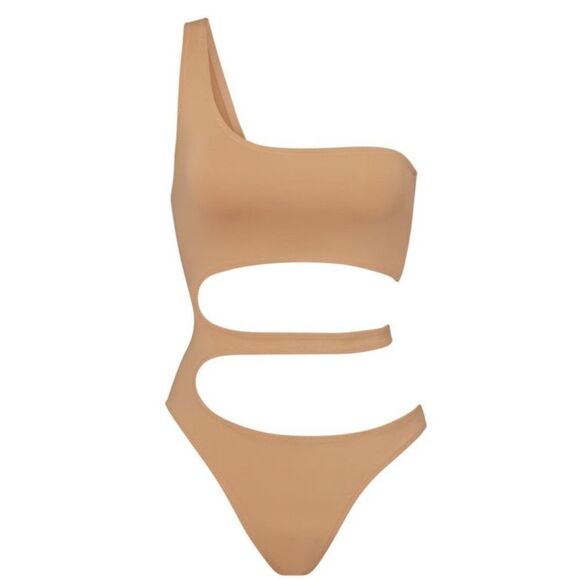 NWT SKIMS ONE SHOULDER MONOKINI SWIMSUIT OCHRE FIRM Nude - Picture 4 of 6